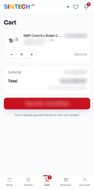 The cart in the Sintech Connect app before placing an order