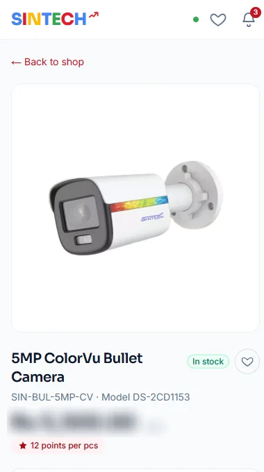 A product page in the Sintech Connect app with price and stock