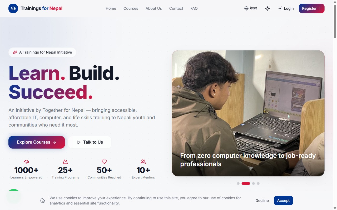 The Trainings for Nepal website as it appears live